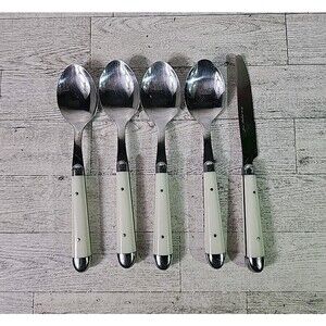 Jean Dubost CUTLERY Flatware Ivory Color PLASTIC Handles Inox 4 Spoons 1 Knife
